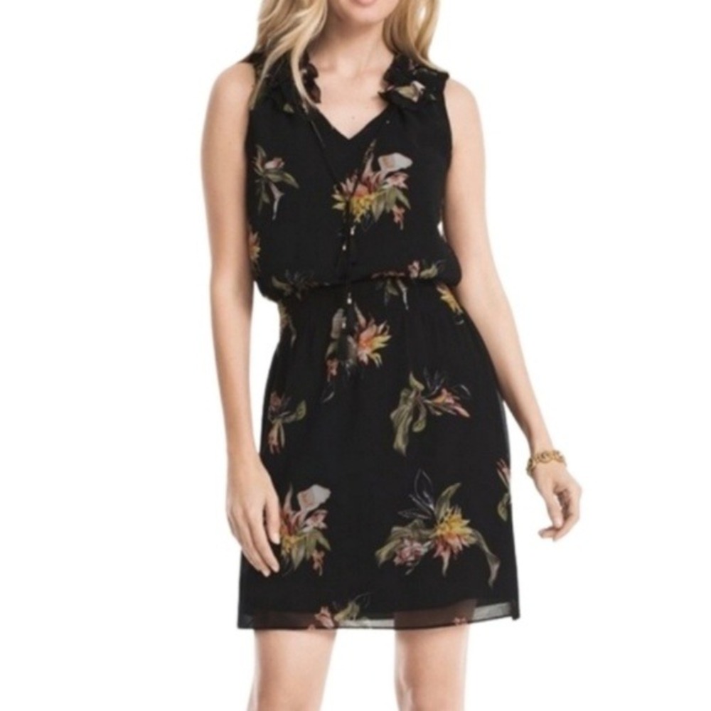 White House Black Market Dress Mini Women 00 Black Floral Ruffle Tassel Smocked
